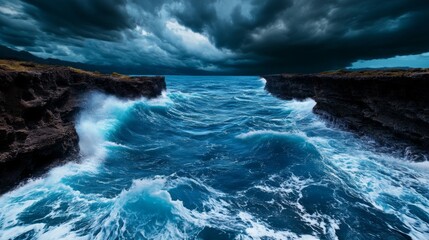 Obraz premium Dramatic Ocean Waves Crashing Through Rock Formation Under Dark Storm Clouds