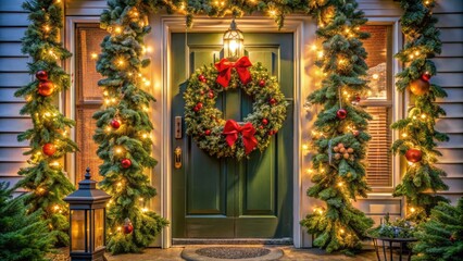 Naklejka premium A festively decorated house entrance features a lush green wreath on the door, adorned with pinecones, ribbons, and ornaments, surrounded by sparkling outdoor lights.