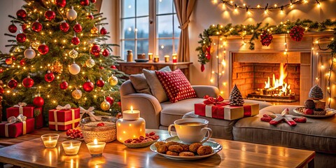 A festively decorated living room filled with sparkling lights, garlands, and ornaments, surrounded by joyful presents, cookies, and hot cocoa, evoking warm holiday cheer.