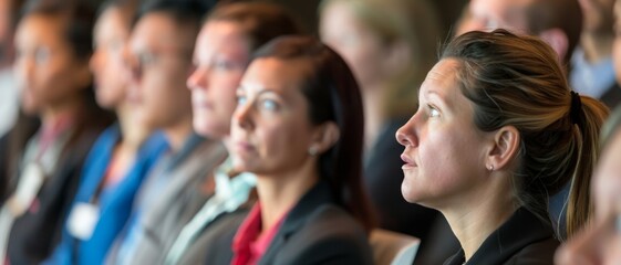 Obraz premium Focused professionals listen attentively during a conference, captured in mid-thought, highlighting a spectrum of engaged expressions.