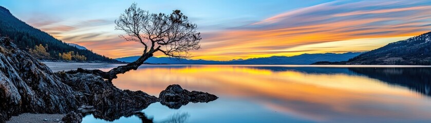 A serene landscape featuring a solitary tree by a calm lake at sunset, with vibrant colors reflecting on the water surface.