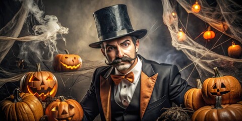 A flamboyant gentleman with a curled handlebar mustache and a top hat poses amidst cobwebs and jack-o'-lanterns, epitomizing a vintage Halloween gentleman.