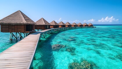Obraz premium Overwater bungalows embracing the azure ocean, a tropical paradise of tranquility and luxury. The concept of travel, vacation, relaxation.