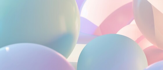 Soft pastel-colored balloons float in an abstract arrangement, creating a dreamy and ethereal atmosphere with gentle hues of pink, blue, and lavender.