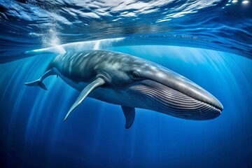 Fototapeta premium A massive blue whale glides through the deep ocean's depths, its gigantic body and sweeping tail undulating as it travels in silence.