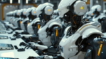 Fototapeta premium Robotic Engineers Monitoring Advanced Cybernetic Machinery in Futuristic Factory Setting Futuristic Automation and Intelligent Systems Concept for Industrial Progress and Innovation