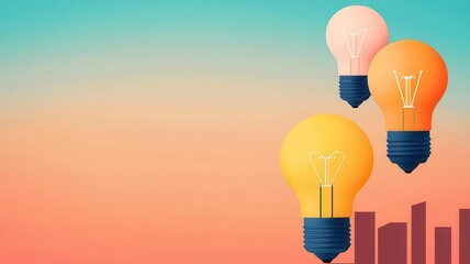 Lightbulbs of different shapes and sizes floating above a cityscape, diverse ideas, creative business landscape