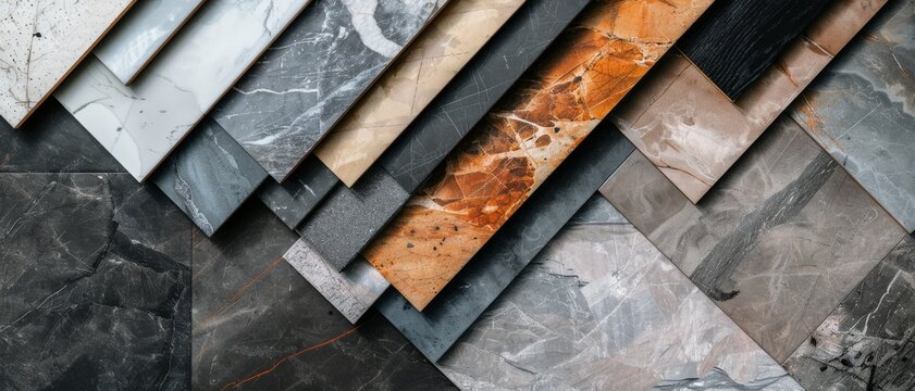 A diverse selection of marble slabs in various patterns and colors, showcasing the intricate textures and elegant beauty of natural stone materials.