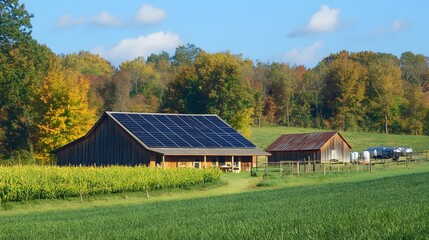 Fototapeta premium Solar panels on a rural farm providing energy for the farm buildings