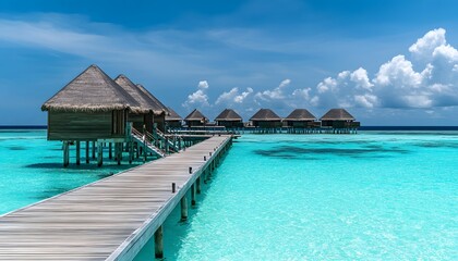 Overwater bungalows embracing the azure ocean, a tropical paradise of tranquility and luxury. The concept of travel, vacation, relaxation.