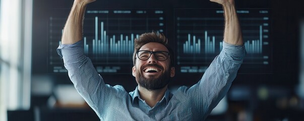 A joyful man celebrates success with arms raised high, displaying excitement in a modern office environment filled with data charts.