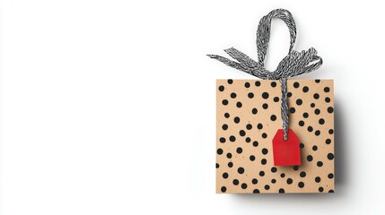 A stylish gift box wrapped in dotted kraft paper, adorned with a festive red tag for a cheerful celebration.
