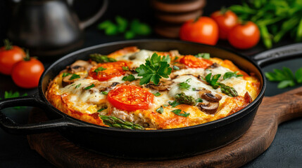 Fototapeta premium The asparagus and mushroom frittata is baked to perfection, creating a hearty and healthy vegetarian option.