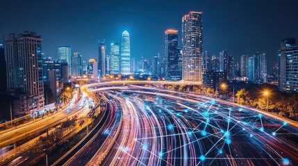 Fototapeta premium Smart city technology solutions, with interconnected systems managing energy, transportation, and communication to enhance urban living.