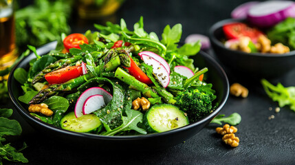 The asparagus salad is combined with mixed greens, walnuts, and a light olive oil dressing for a crunchy and refreshing dish.