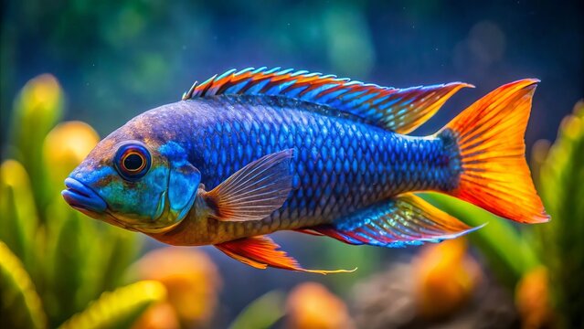 Vibrant blue and orange cichlid, Tropheus duboisi, swims effortlessly in crystal-clear water, its full body on display in a stunning side view, shimmering scales catching the light.