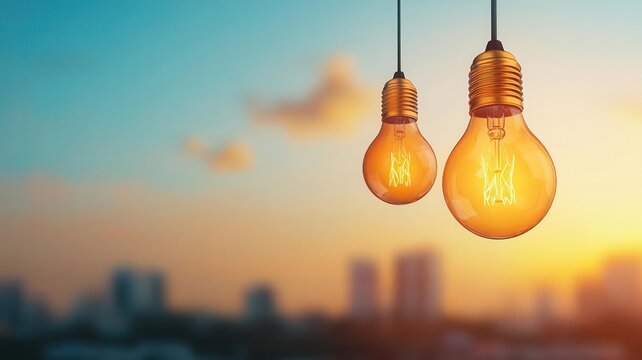 Lightbulbs of different shapes and sizes floating above a cityscape, diverse ideas, creative business landscape