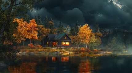 Fototapeta premium Cozy lakeside cottage under a stormy sky, the wind begins to stir the trees as reflections ripple on the water, anime-inspired scenery