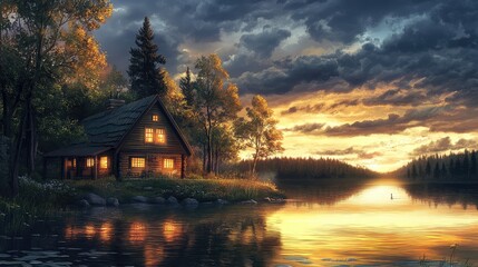 Cozy lakeside cottage under a stormy sky, the wind begins to stir the trees as reflections ripple on the water, anime-inspired scenery