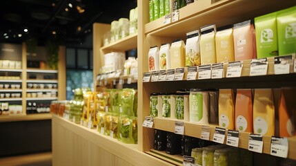 Eco-friendly packaging designed for a beverage product on display in a store