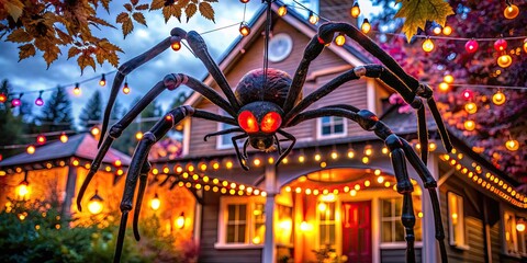 Fototapeta premium A massive, eerie black spider with glowing red eyes suspends from a porch roof, surrounded by orange and purple Halloween lights and fall foliage.