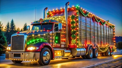 Naklejka premium A massive, festively decorated 18-wheel semi-trailer truck is adorned with glittering lights, garlands, and oversized ornaments, ready to deliver holiday cheer across the countryside.