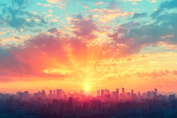 Dramatic orange sky with fluffy clouds over a bustling city skyline at sunset