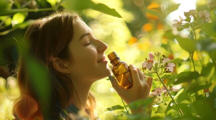 Woman Enjoying Aroma of Essential Oil Surrounded by Green Nature and Flowers