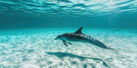 Fototapeta premium dolphin swimming in clear water geographic photography style 
