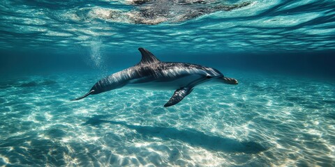 Obraz premium dolphin swimming in clear water geographic photography style 