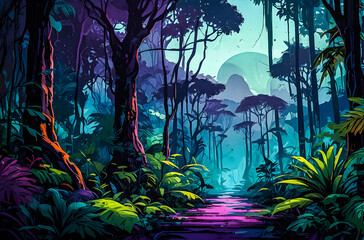 A jungle planet with thick, abstract trees and vibrant green canopies vector oil painting art illustration images.
