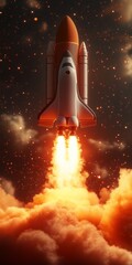 A sleek rocket launching into the cosmos against a vibrant, fiery backdrop.