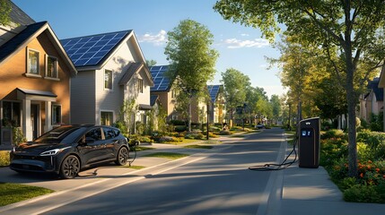 Electric vehicle charging in a residential neighborhood with solar panels in the background