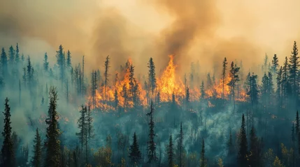 Sierkussen Mistig bos Fire and smoke rising from a wildfire in a forest, highlighting the destructive power of nature.  © bird_saranyoo