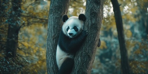 Obraz premium panda climbing a tree realistic stock geographic photography style 