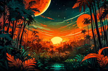 A jungle planet illuminated by a soft, fiery orange glow, with abstract impressions of dense foliage covering its surface vector oil painting art illustration images.
