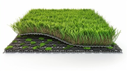 An artificial grass carpet with integrated drainage system features, shown in a cross-sectional view to highlight its functionality, on a white background.