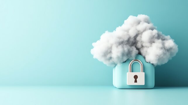 A secure lock with a cloud of smoke on a turquoise background, symbolizing cloud security and data protection in a minimalist concept photo.