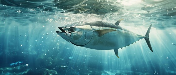 Fototapeta premium A tuna swims gracefully underwater, light filtering through the water surface to illuminate its sleek and powerful form in a serene aquatic scene.