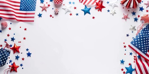 Fototapeta premium Patriotic decorations with flags and stars on a white background create a festive atmosphere, perfect for celebrating American holidays