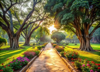"Sunlit walkways weave through lush lawns, vibrant flowerbeds, and majestic banyan trees in this serene and peaceful Delhi neighborhood sanctuary, Lodhi Gardens."