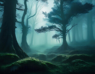  Foggy forest panorama, with a spooky, misty atmosphere, perfect for a fairy-tale or eerie s_1(420)