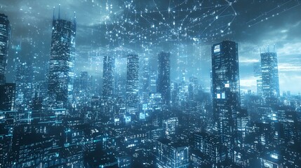 Naklejka premium Illuminated Futuristic Metropolis at Night with Advanced Technology and Cybernetic Elements