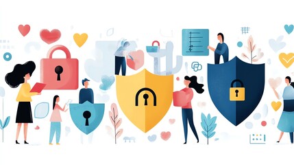 Fototapeta premium Illustration of people and shield symbols representing security and protection in a digital and community context.
