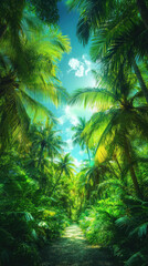 The image captures a coconut plantation, with rows of tall palm trees swaying in the tropical breeze.