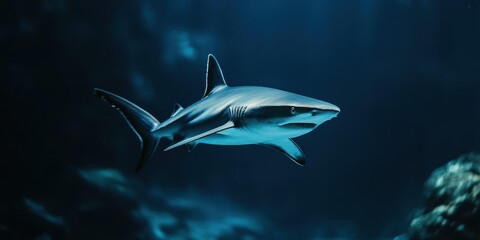 shark swimming in the deep sea geographic photography style