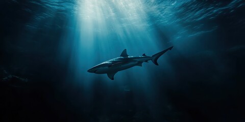 shark swimming in the deep sea geographic photography style