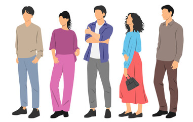 Obraz premium Set of young men and women , different colors, cartoon character, group of silhouettes of standing business people, students, design concept of flat icon, isolated on white background