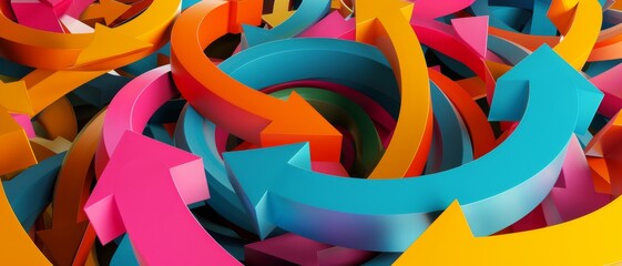 A vibrant and chaotic swirl of colorful arrows, intertwining and pointing in various directions, creating a dynamic, energetic visual flow.