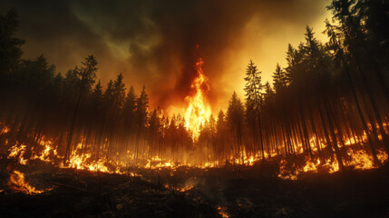 The image captures the intense heat and destruction of a forest blaze, as firefighters work to contain the flames.